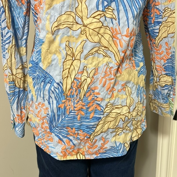 J McLaughlin Lois Shirt Blue Tropical Palm Print Long Sleeve Button Front Sz S - Picture 9 of 16